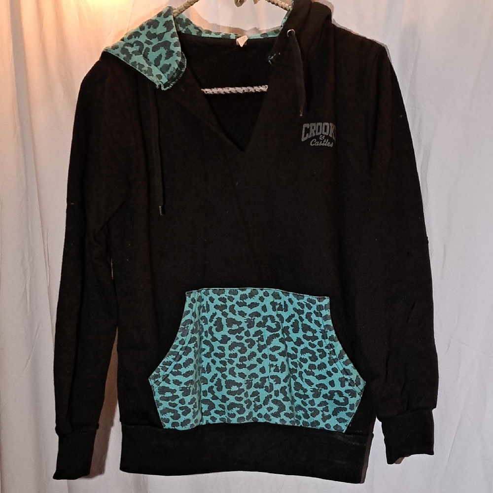Crooks & Castles Black Hoodie with Turquoise Leopard Details